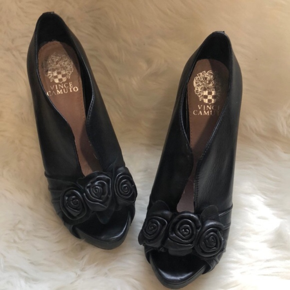 Black Vince Camuto Misty (rosette heels/booties)
